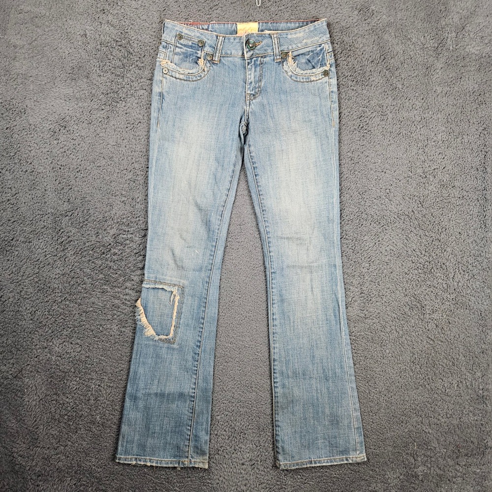Marlow Womens Low‎ Rise Bootcut Jeans Light Wash Distressed Patchwork 30x33